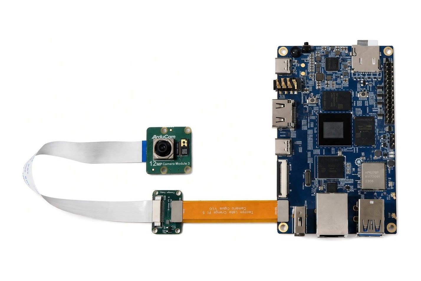 Tachyn adapter connected to an Orange Pi 5 with the included Orange Pi 5 FPC cable